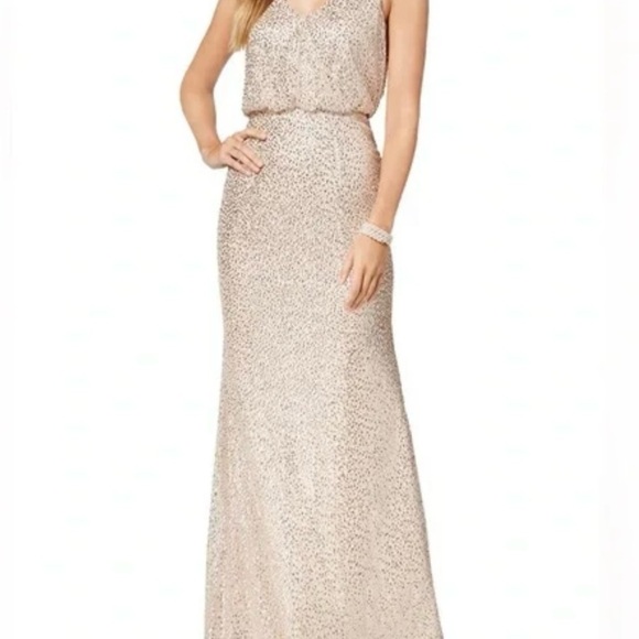 Adrianna Papell Champagne Sequin Beaded V-Neckline Blouson Maxi Gown Dress Sz 12 - Picture 2 of 12